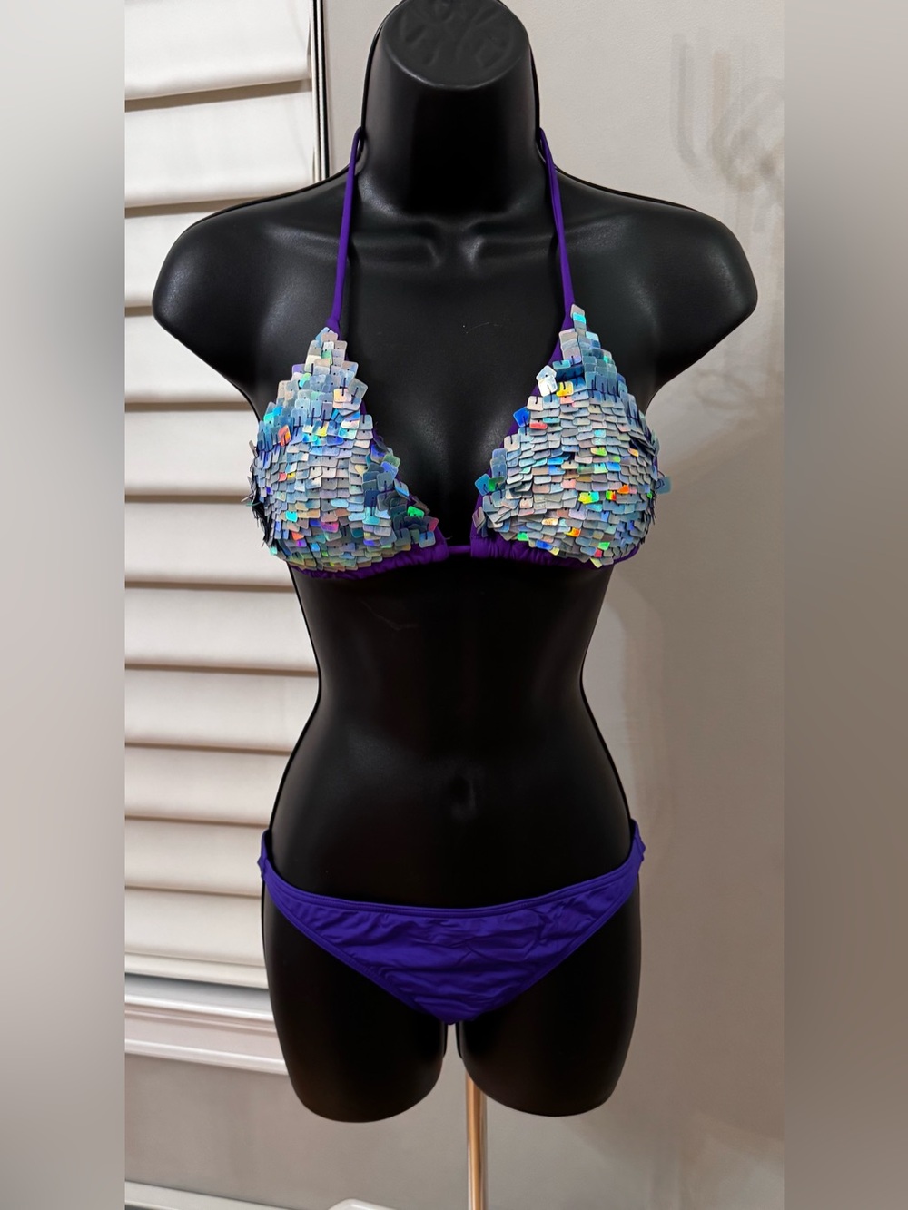 Victoria Secret Swim Bikini Triangle Top M Purple Sequin Bling  Bottom S